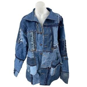 Levi's Women's Blue Patchwork Long Sleeve Frayed Denim Jean Shirt Jacket Size L